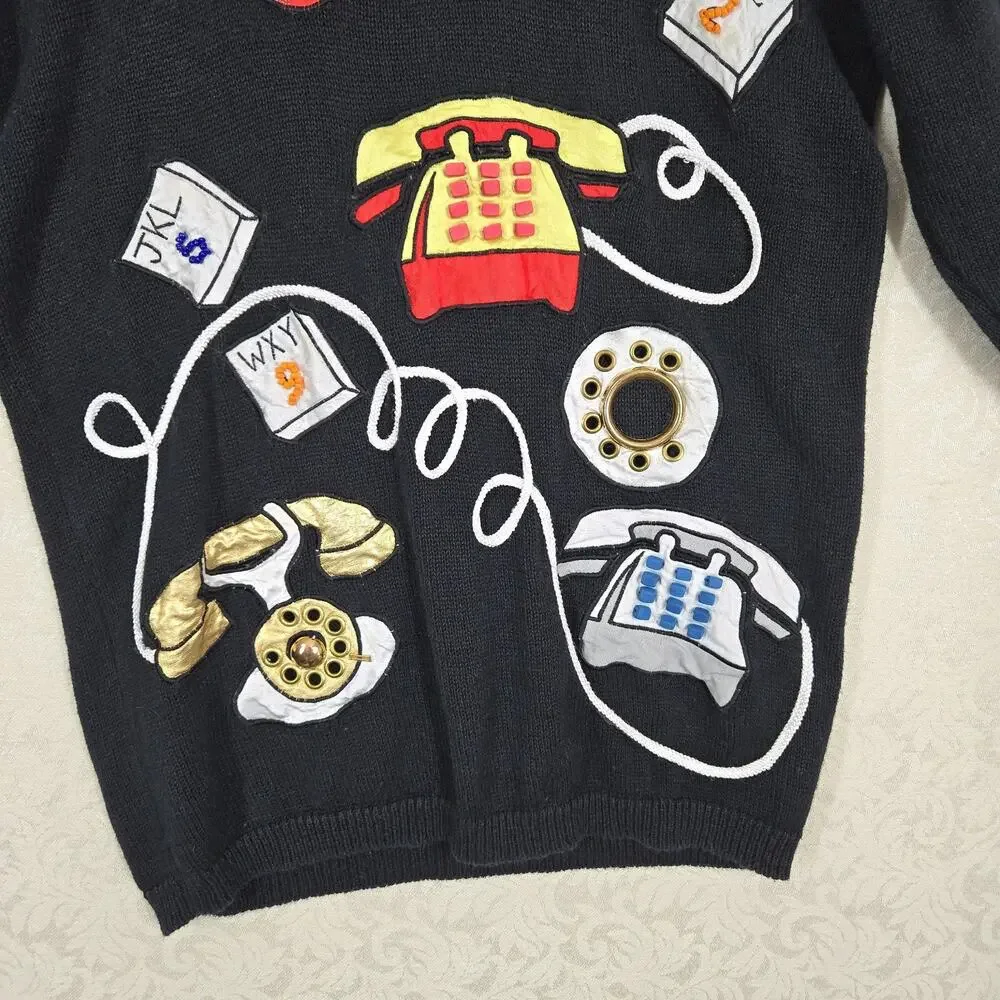 Vintage 90s Novelty Telephone Sweater M Black Graphic Knit Art Teacher